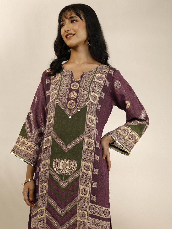 Burgundy Printed Silk Blend Straight Suit Set With Dupatta