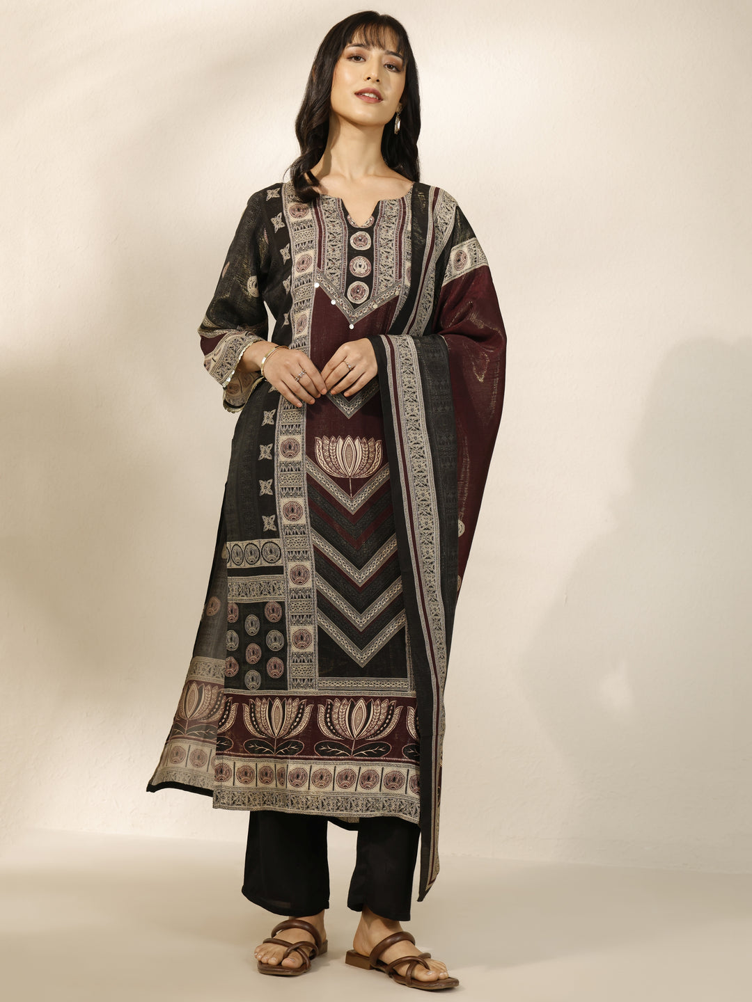 Black Printed Silk Blend Straight Suit Set With Dupatta