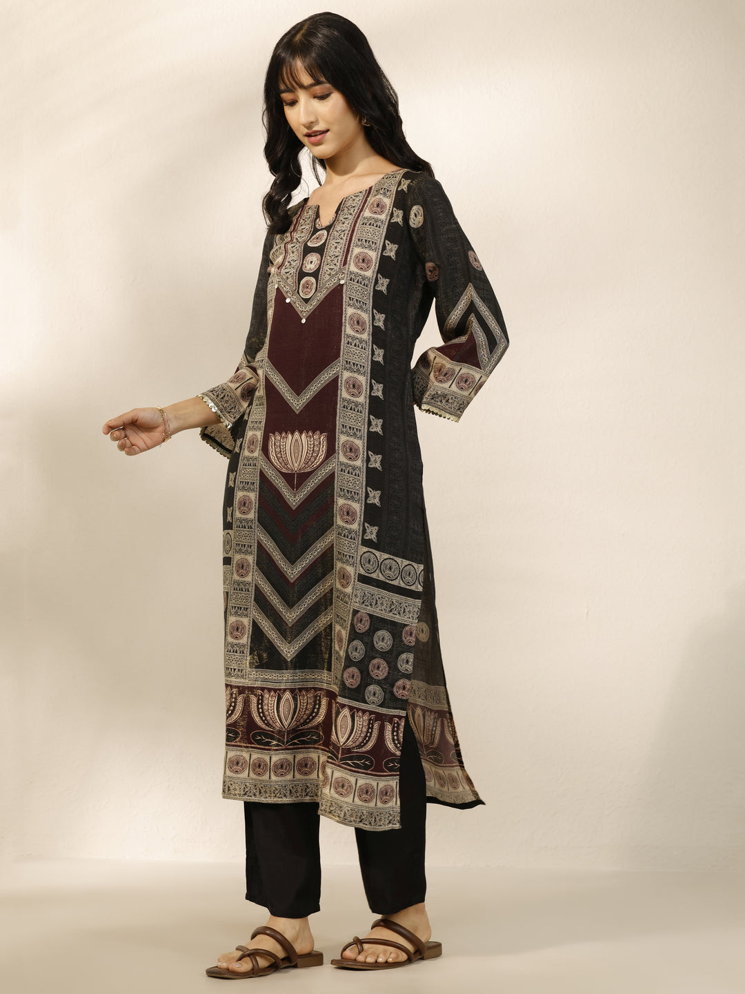 Black Printed Silk Blend Straight Suit Set With Dupatta