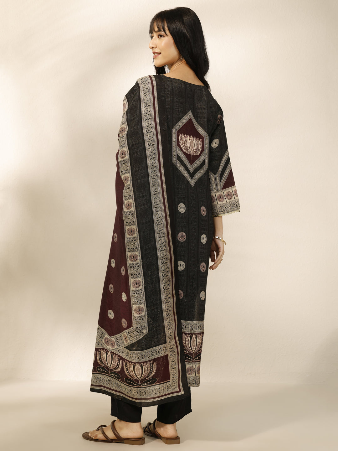 Black Printed Silk Blend Straight Suit Set With Dupatta