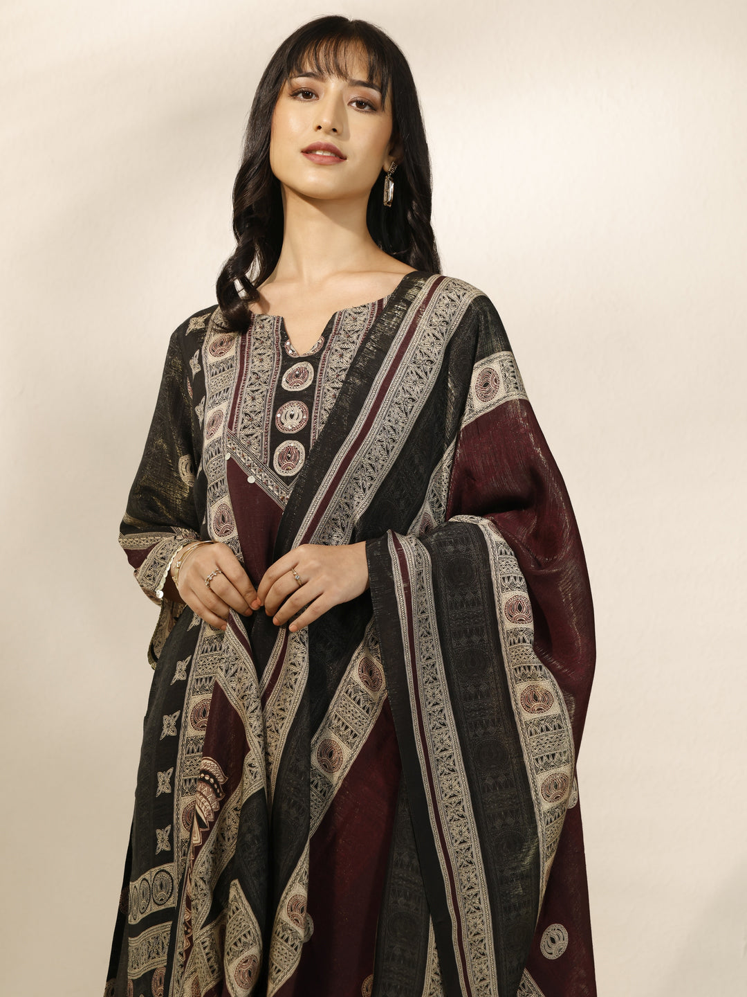 Black Printed Silk Blend Straight Suit Set With Dupatta