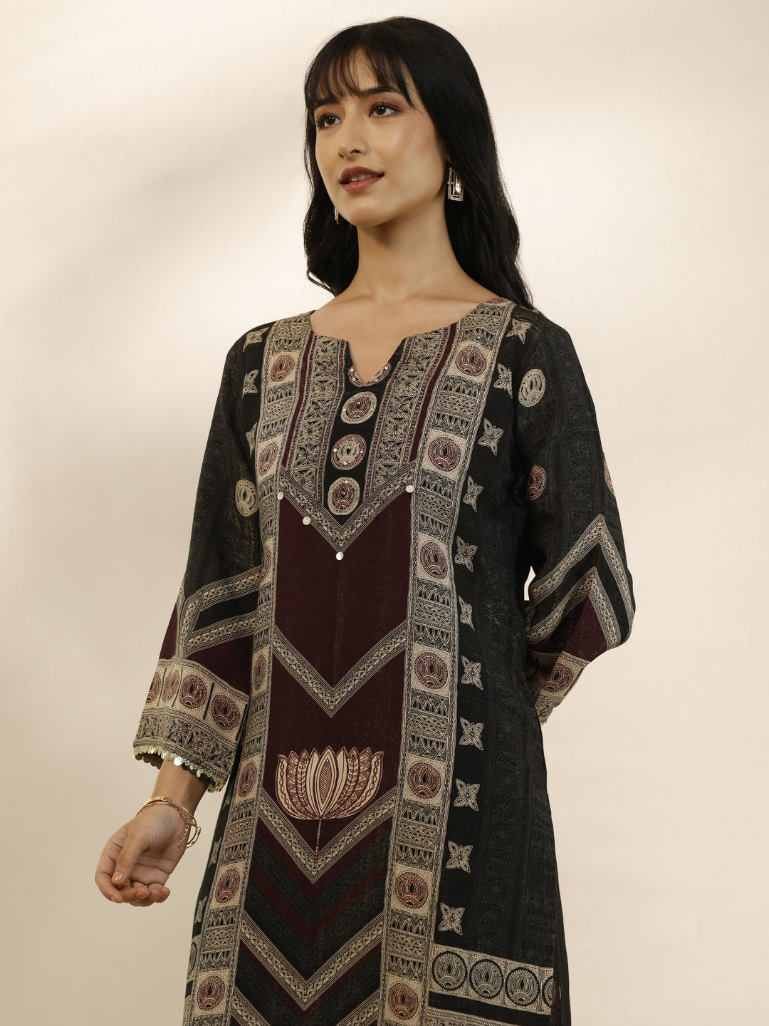 Black Printed Silk Blend Straight Suit Set With Dupatta