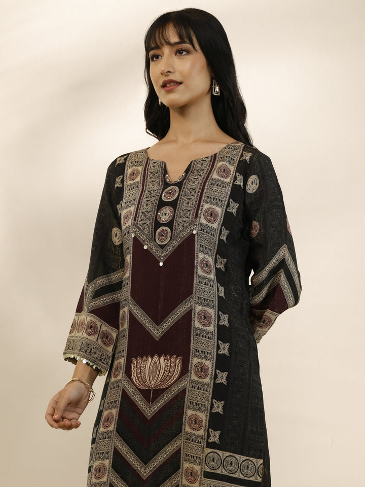 Black Printed Silk Blend Straight Suit Set With Dupatta