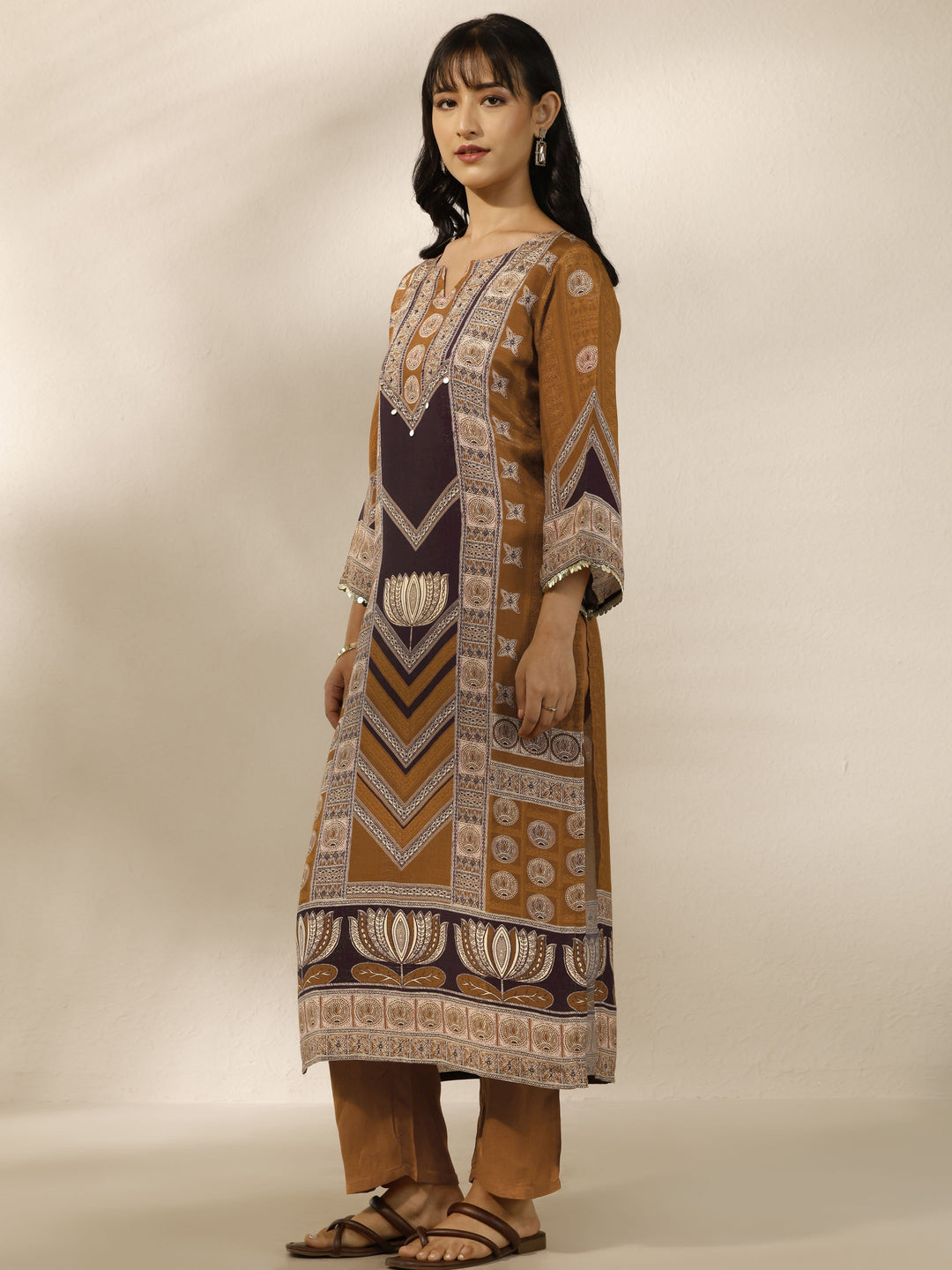 Mustard Printed Silk blend Straight Suit Set With Dupatta