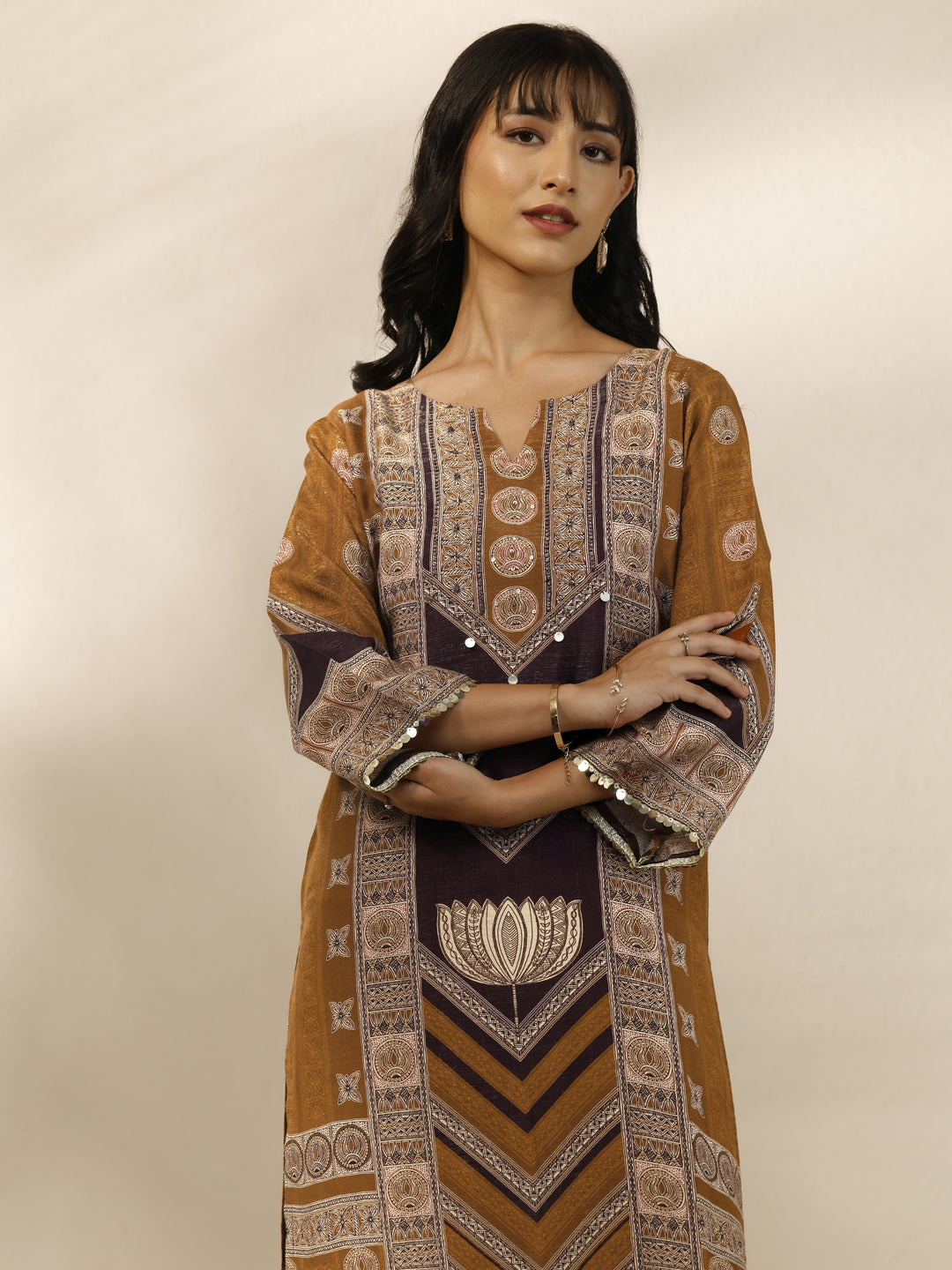 Mustard Printed Silk blend Straight Suit Set With Dupatta