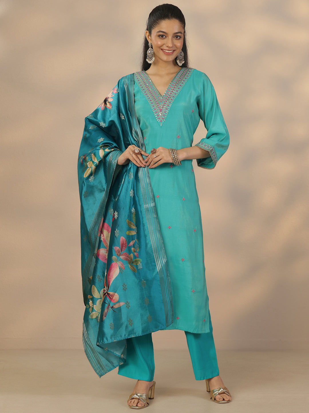 Teal Embroidered Silk Blend Straight Suit Set With Dupatta