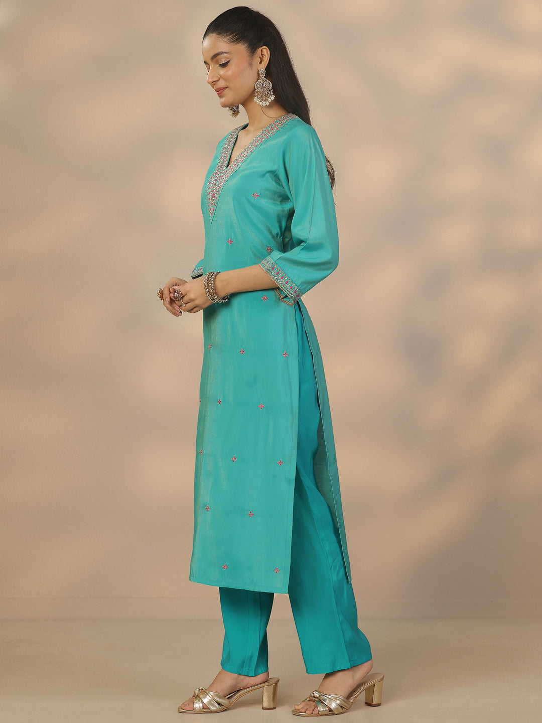 Teal Embroidered Silk Blend Straight Suit Set With Dupatta