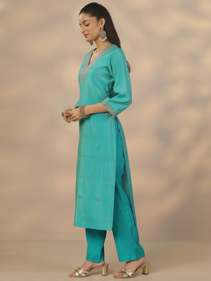 Teal Embroidered Silk Blend Straight Suit Set With Dupatta