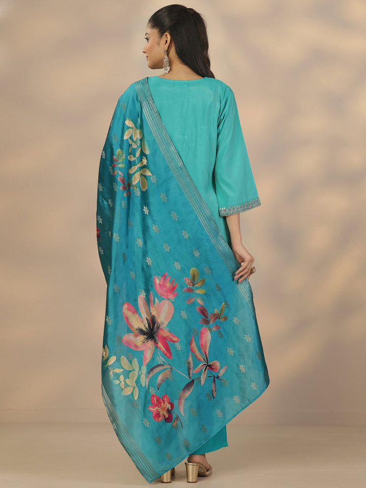 Teal Embroidered Silk Blend Straight Suit Set With Dupatta
