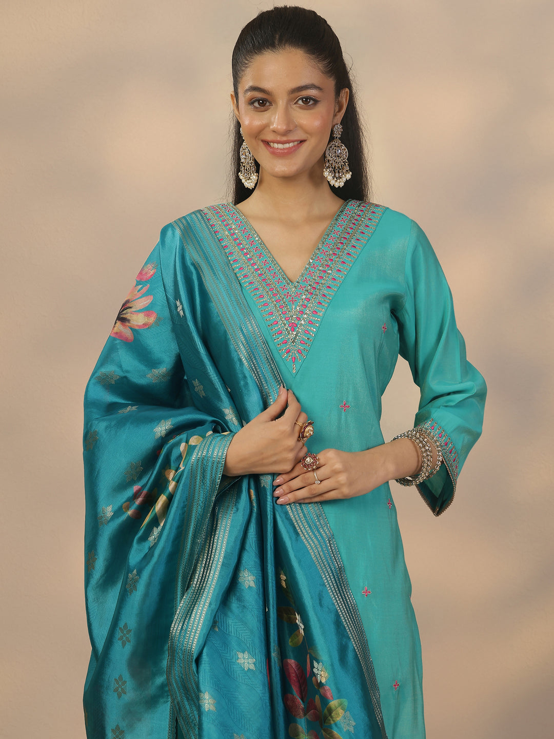 Teal Embroidered Silk Blend Straight Suit Set With Dupatta