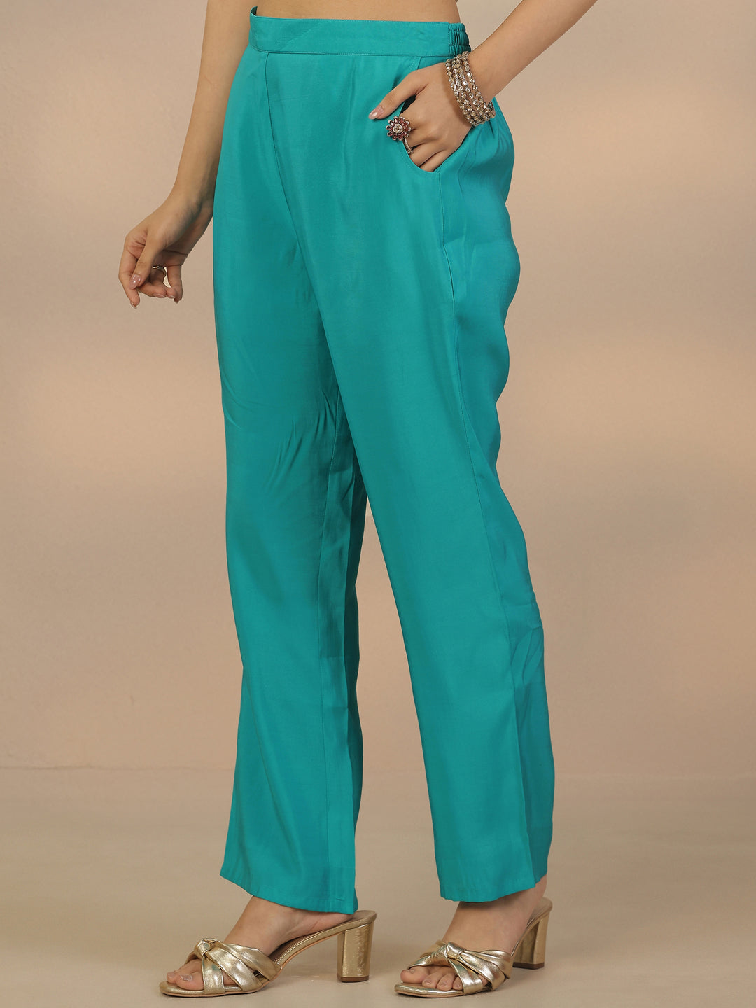 Teal Embroidered Silk Blend Straight Suit Set With Dupatta