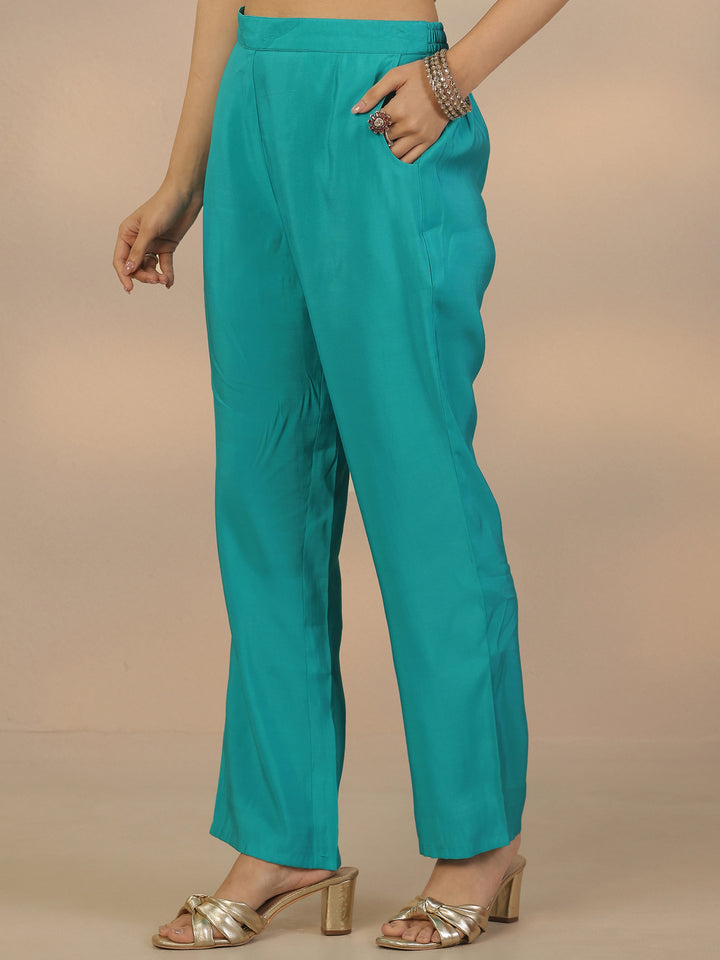 Teal Embroidered Silk Blend Straight Suit Set With Dupatta