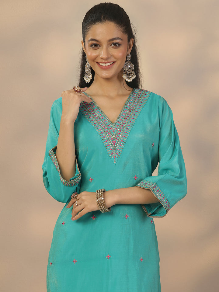 Teal Embroidered Silk Blend Straight Suit Set With Dupatta
