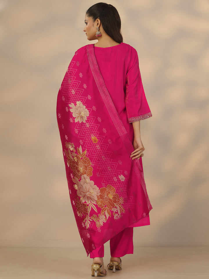 Pink Embroidered Silk Blend Straight Suit Set With Dupatta