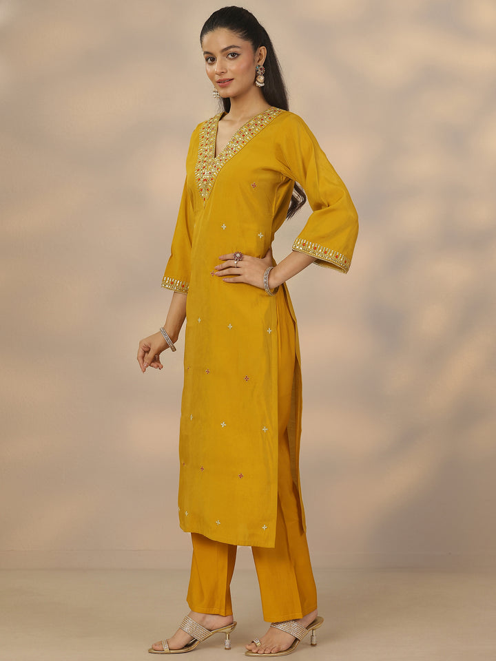 Mustard Embroidered Silk Blend Straight Suit Set With Dupatta