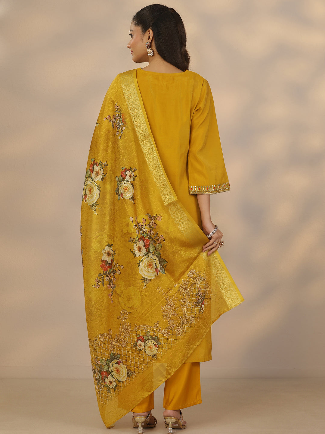 Mustard Embroidered Silk Blend Straight Suit Set With Dupatta