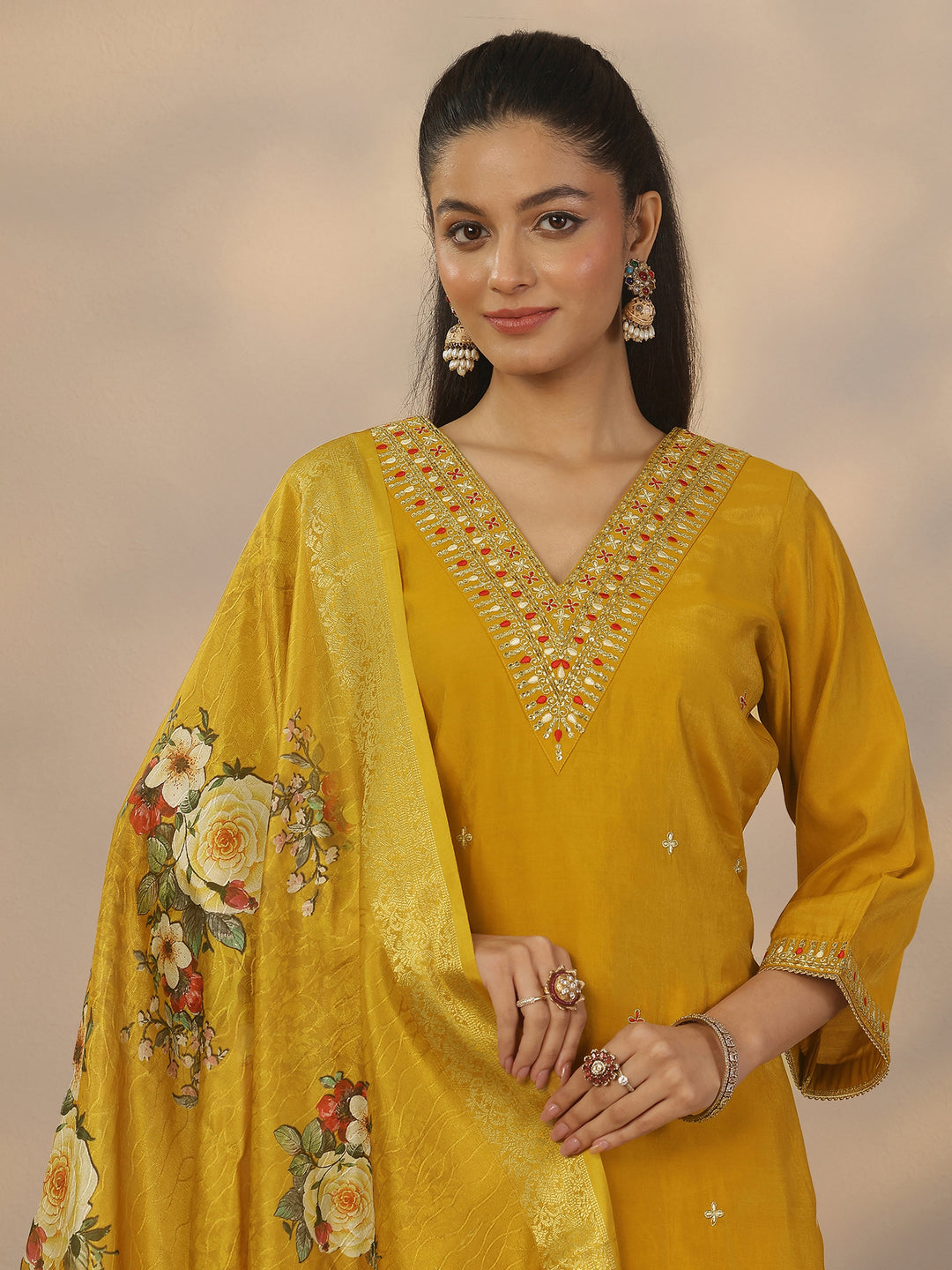 Mustard Embroidered Silk Blend Straight Suit Set With Dupatta