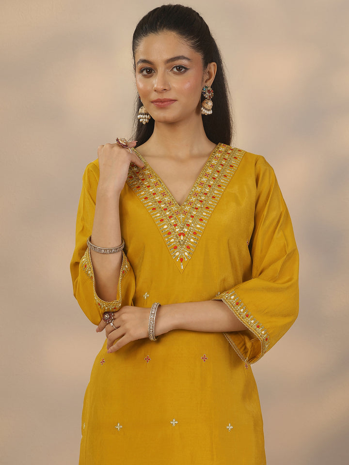 Mustard Embroidered Silk Blend Straight Suit Set With Dupatta