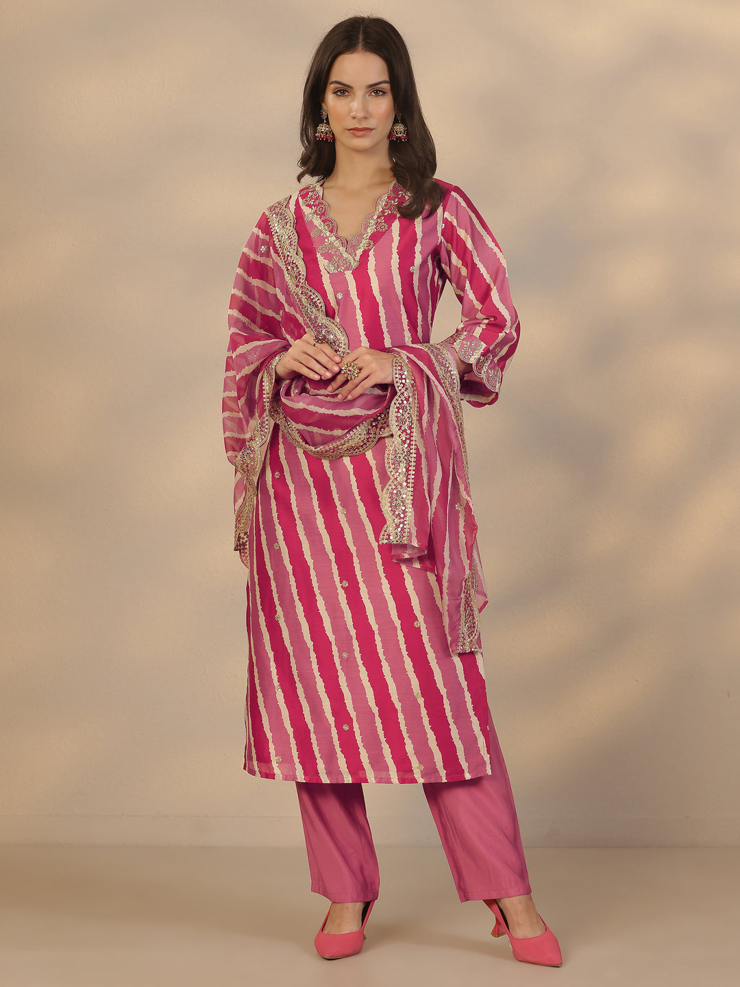 Mauve Printed Silk Blend Straight Suit Set With Dupatta