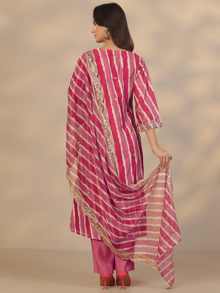 Mauve Printed Silk Blend Straight Suit Set With Dupatta