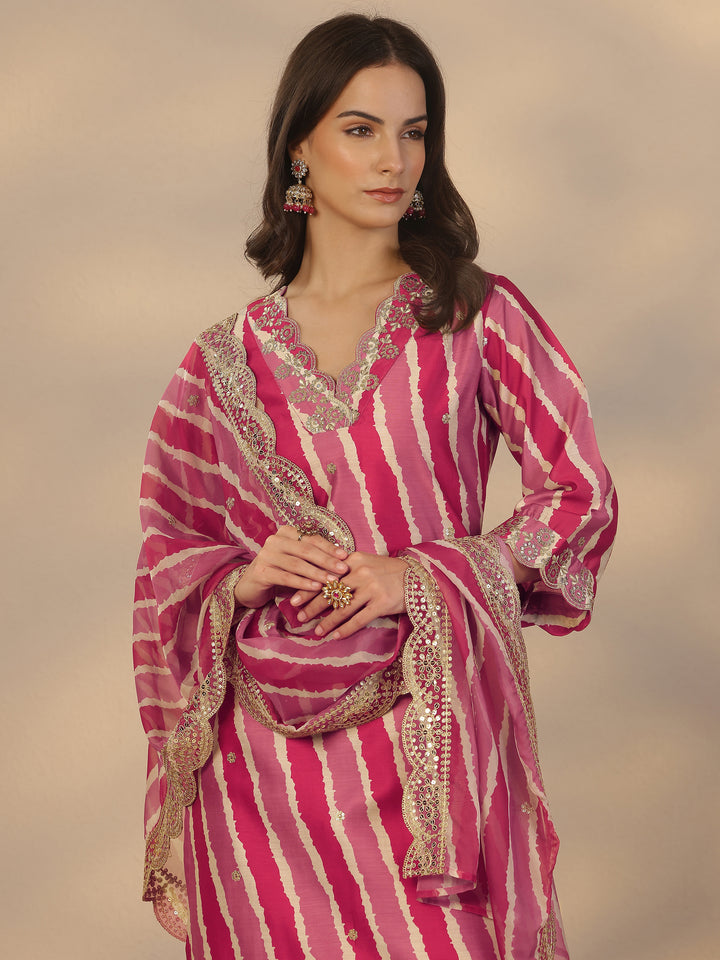 Mauve Printed Silk Blend Straight Suit Set With Dupatta