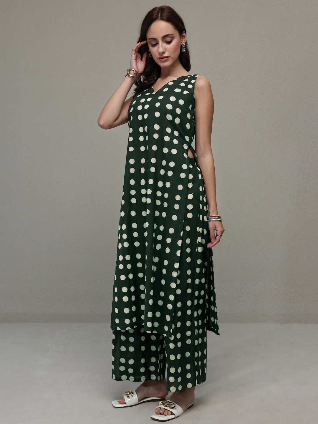 Green Polka Dot Printed Cotton Co-Ord Set