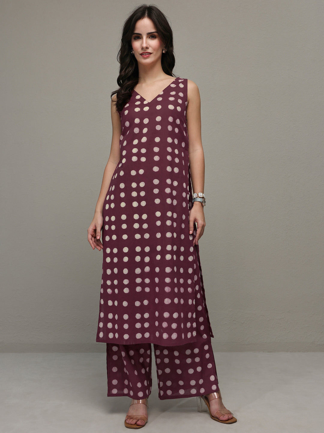 Burgundy Polka Dot Printed Cotton Co-Ord Set