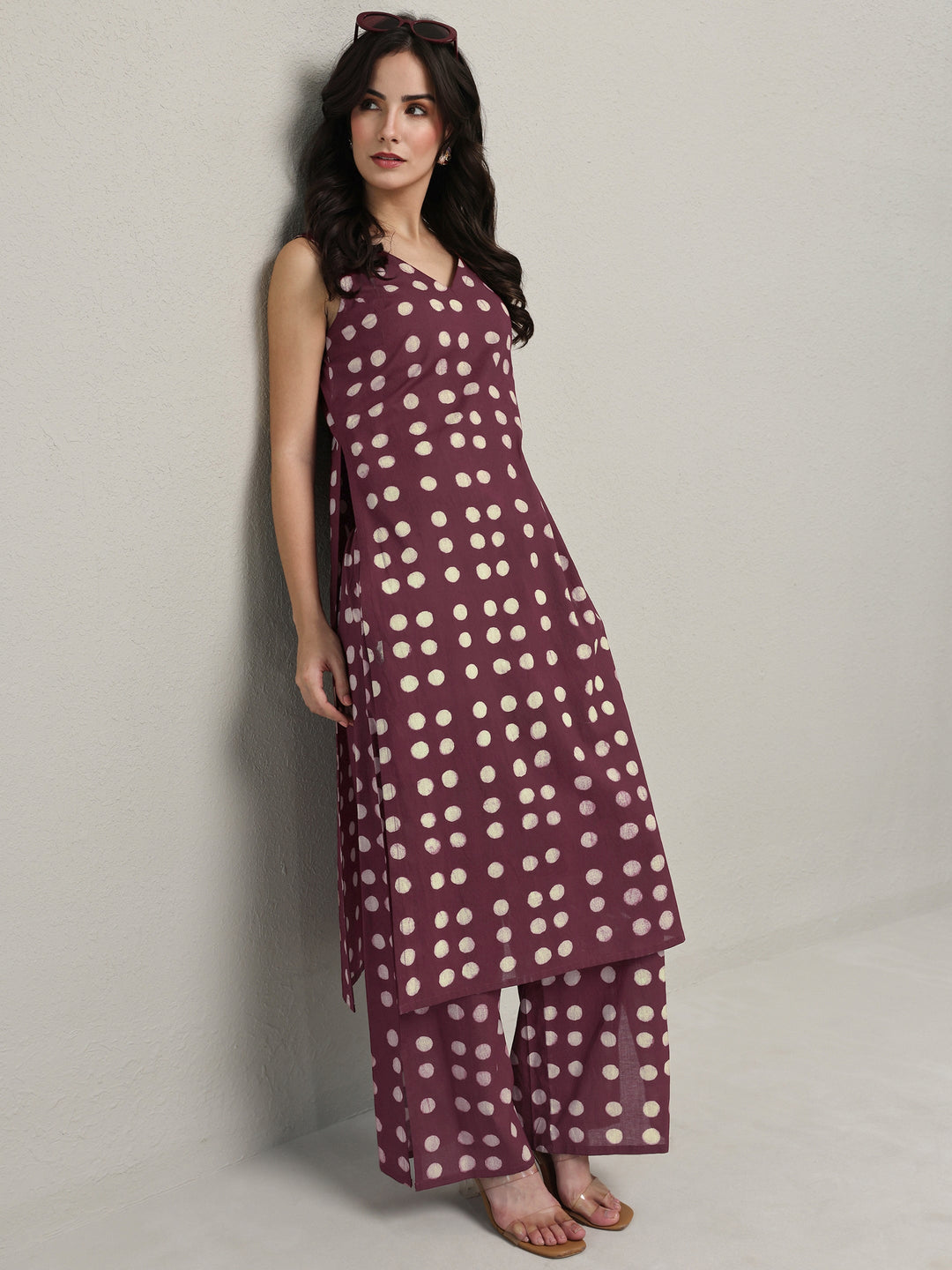 Burgundy Polka Dot Printed Cotton Co-Ord Set