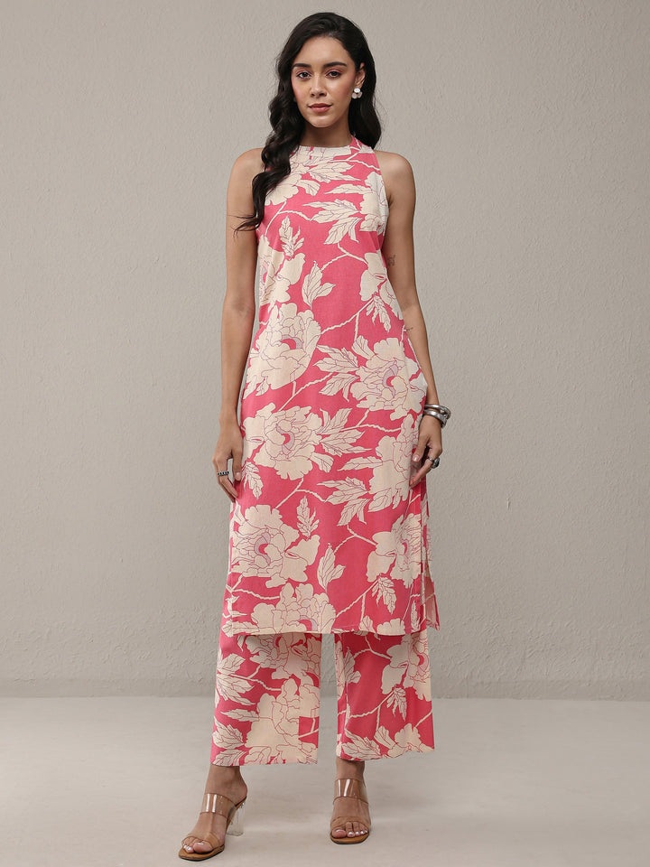 Pink Floral Printed Cotton Straight Kurta Set