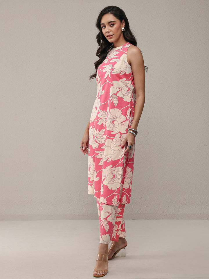Pink Floral Printed Cotton Straight Kurta Set