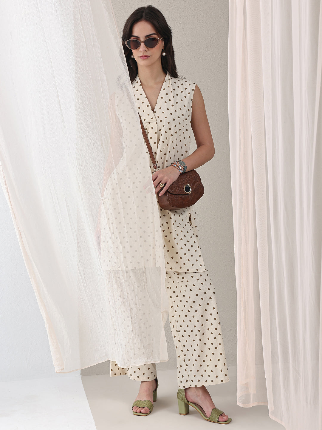 Off White Polka Dot Printed Cotton Co-Ord Set