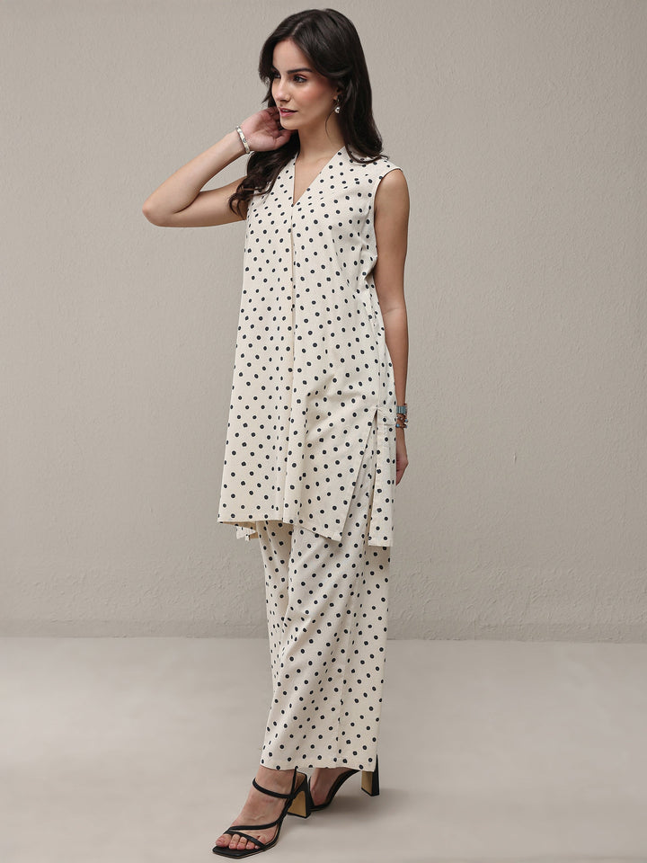 Off White Polka Dot Printed Cotton Co-Ord Set
