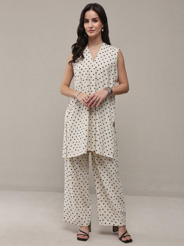 Off White Polka Dot Printed Cotton Co-Ord Set