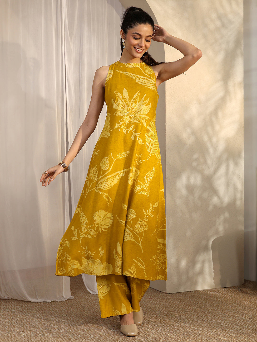 Mustard Printed Silk Blend A-Line Kurta Set