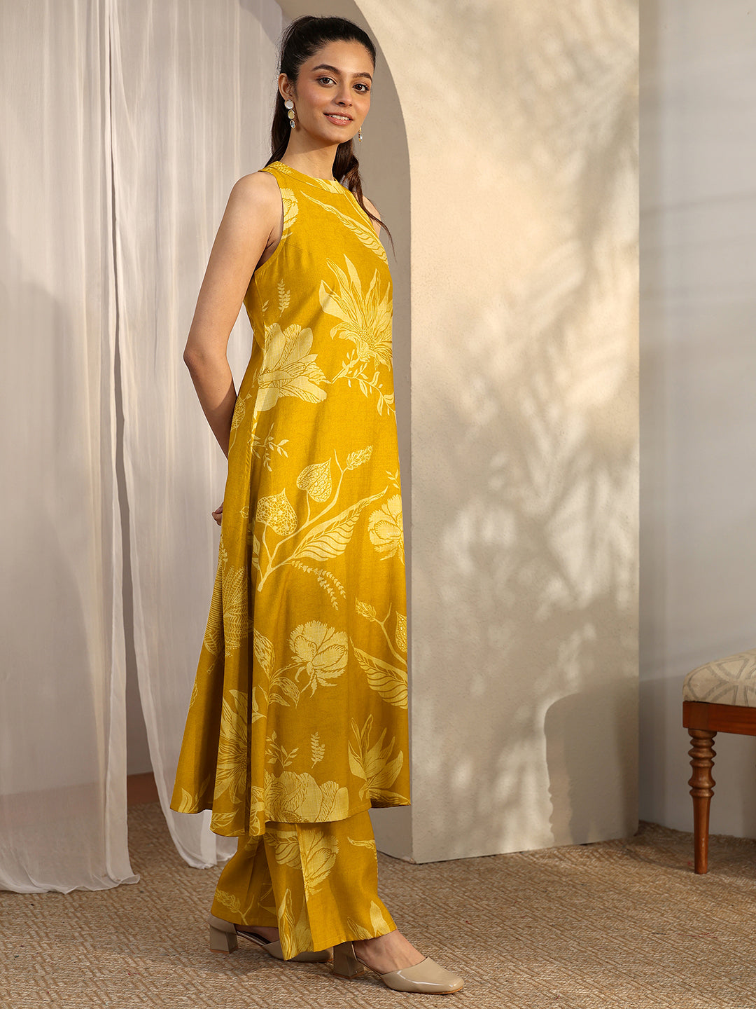 Mustard Printed Silk Blend A-Line Kurta Set