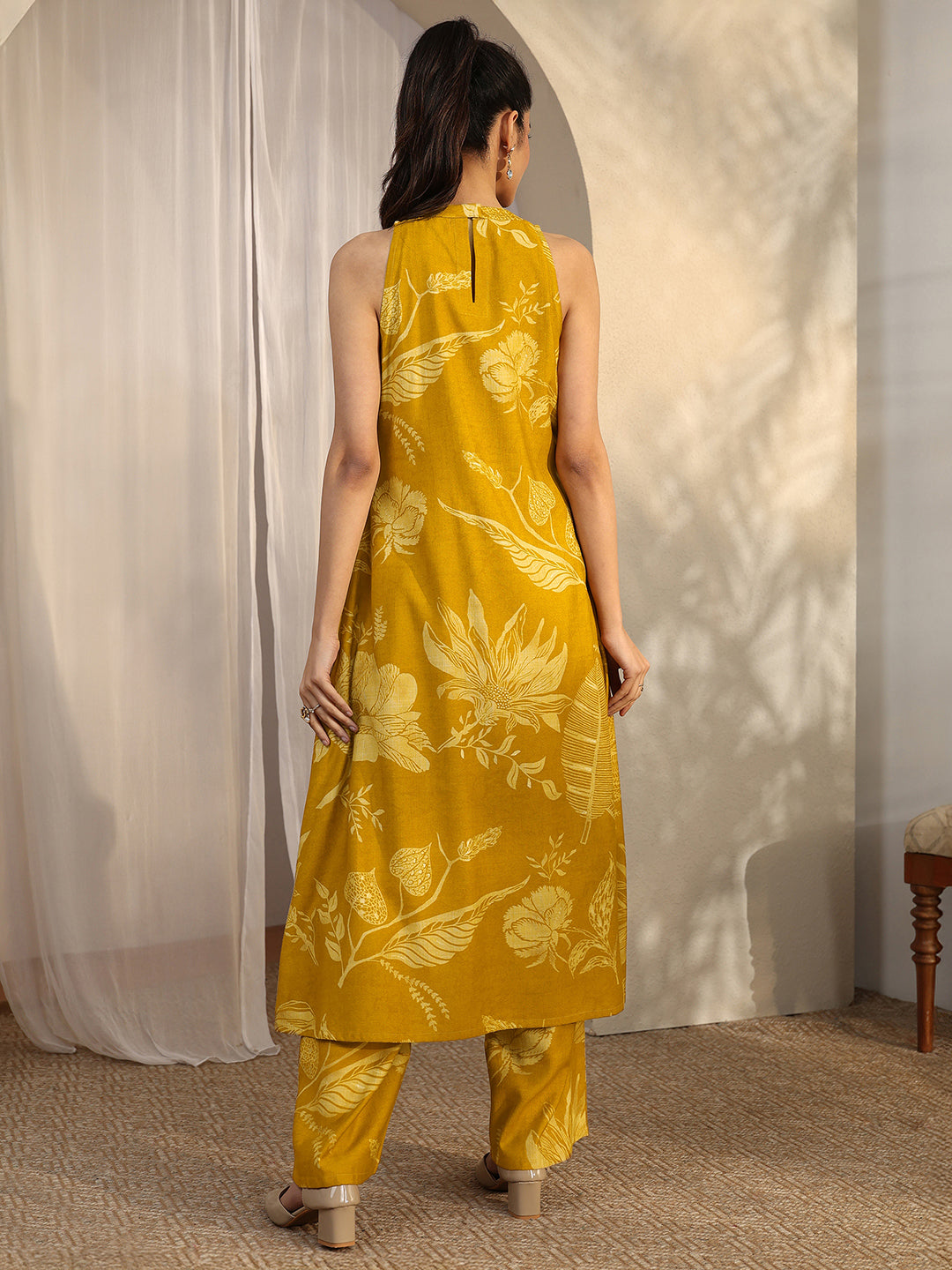 Mustard Printed Silk Blend A-Line Kurta Set