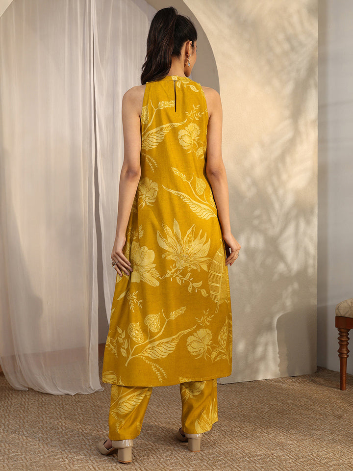 Mustard Printed Silk Blend A-Line Kurta Set