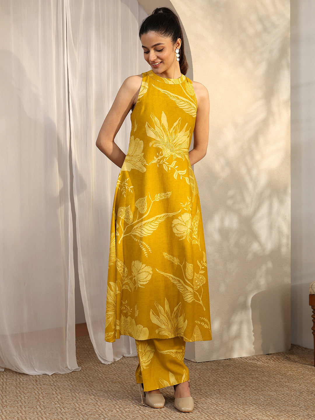 Mustard Printed Silk Blend A-Line Kurta Set