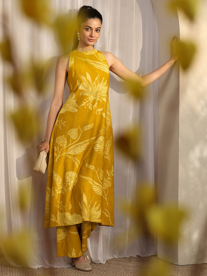 Mustard Printed Silk Blend A-Line Kurta Set