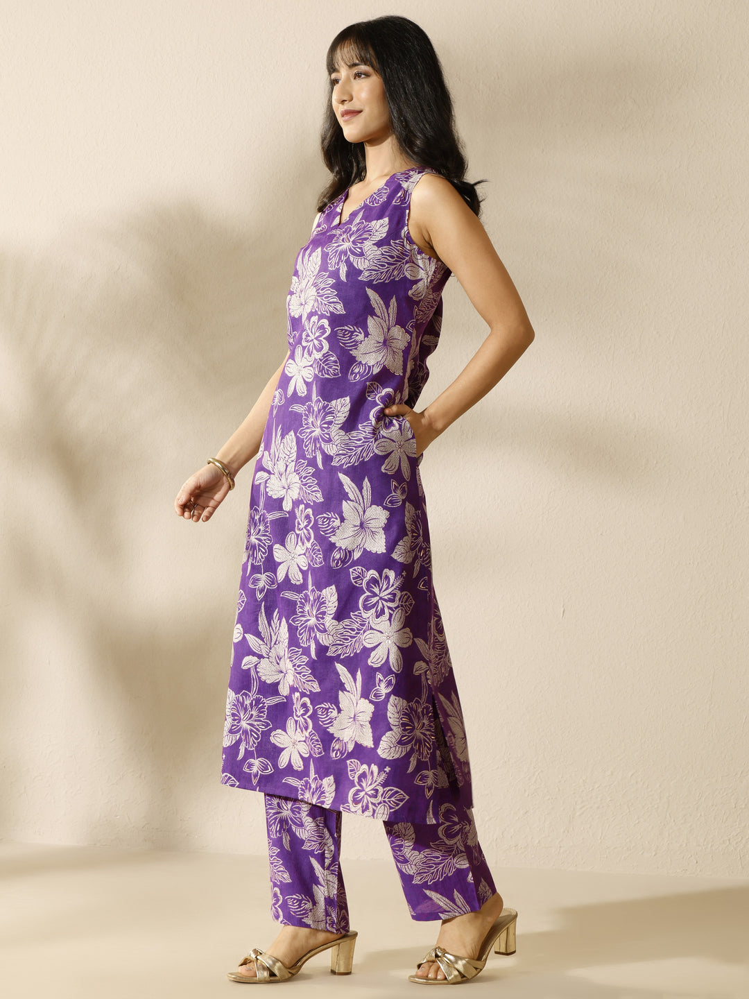 Purple Printed Silk Blend Co-Ord Set