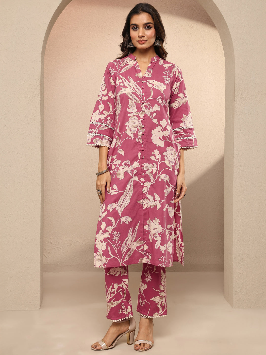 Pink Printed Cotton Straight Kurta Set