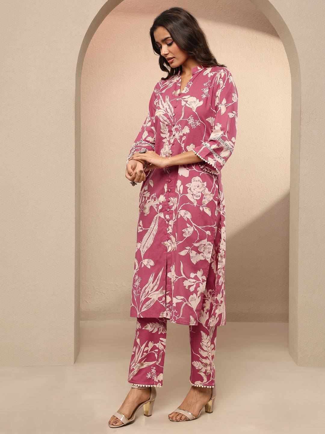 Pink Printed Cotton Straight Kurta Set