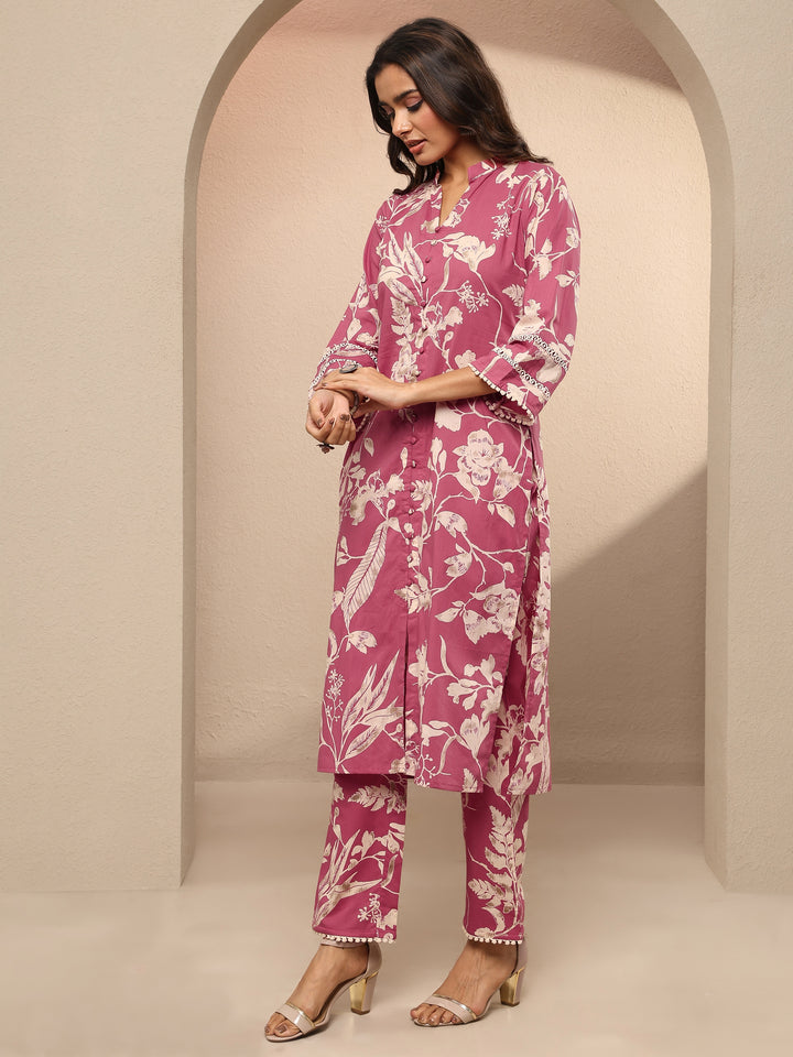 Pink Printed Cotton Straight Kurta Set