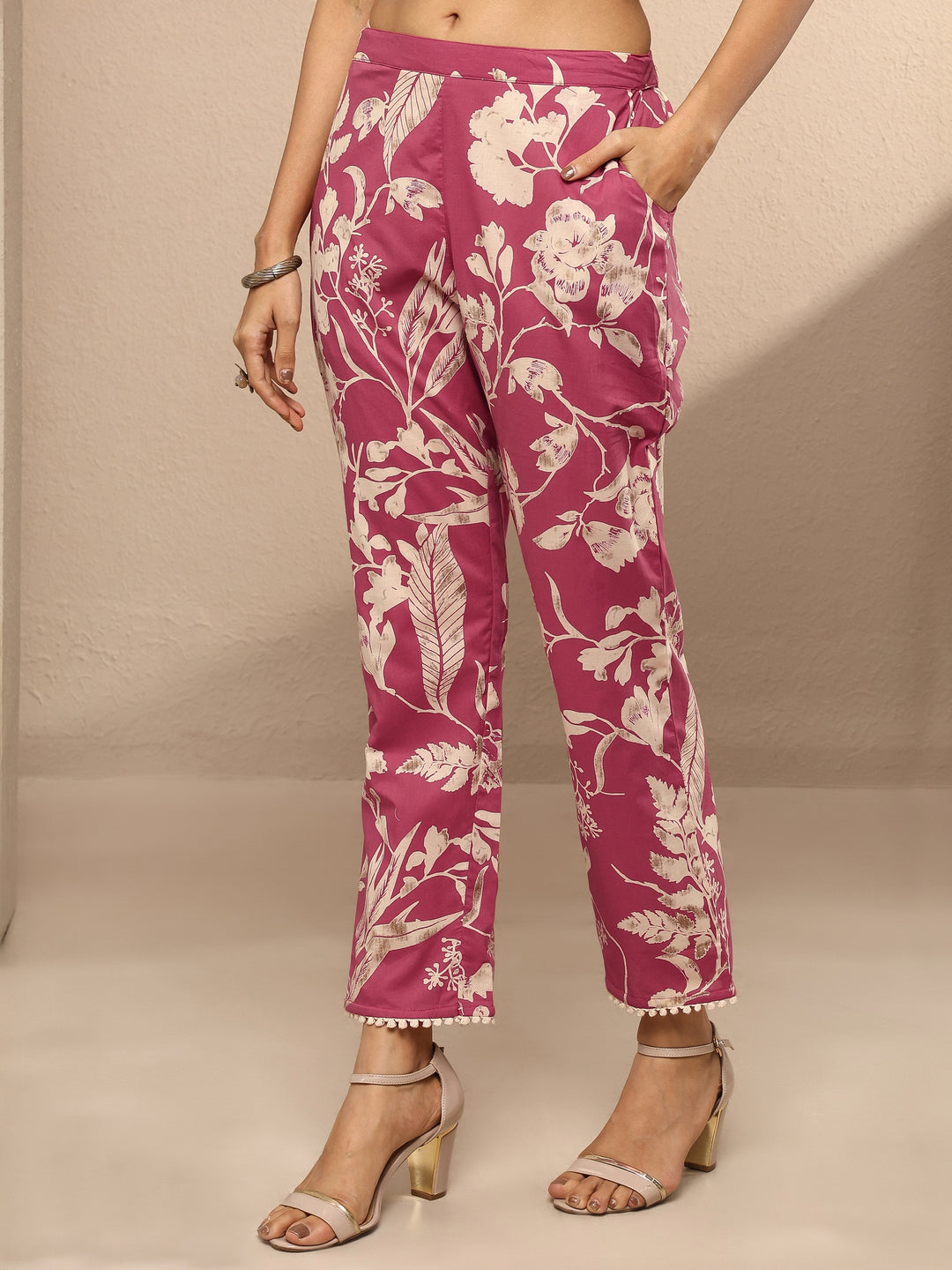 Pink Printed Cotton Straight Kurta Set