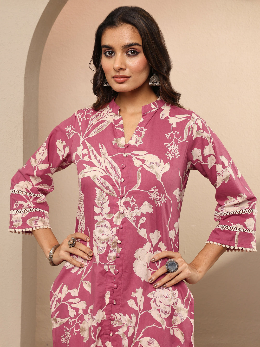 Pink Printed Cotton Straight Kurta Set