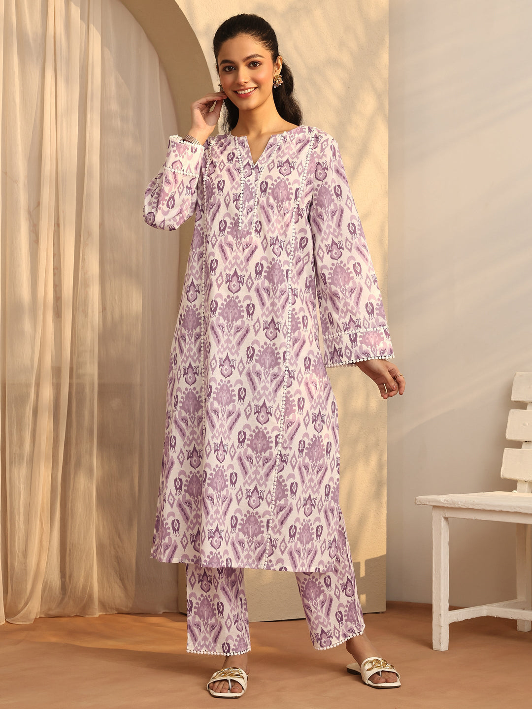 Purple Printed Cotton A-Line Kurta Set