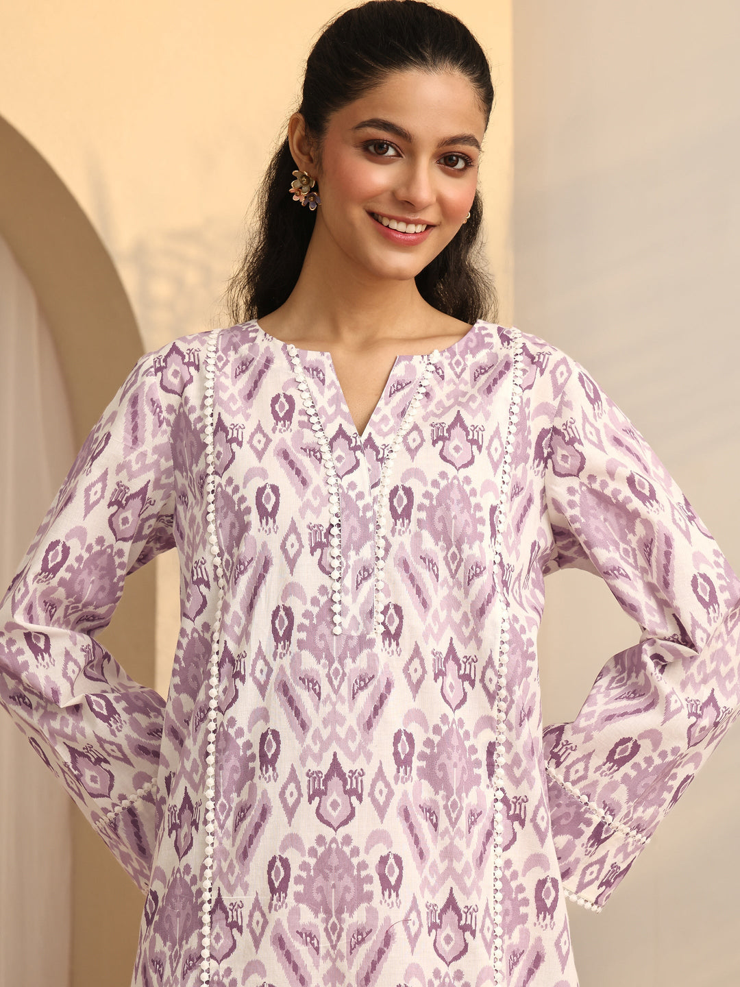 Purple Printed Cotton A-Line Kurta Set