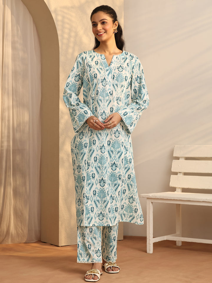 Blue Printed Cotton A-Line Kurta Set