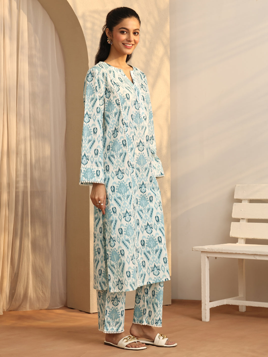 Blue Printed Cotton A-Line Kurta Set