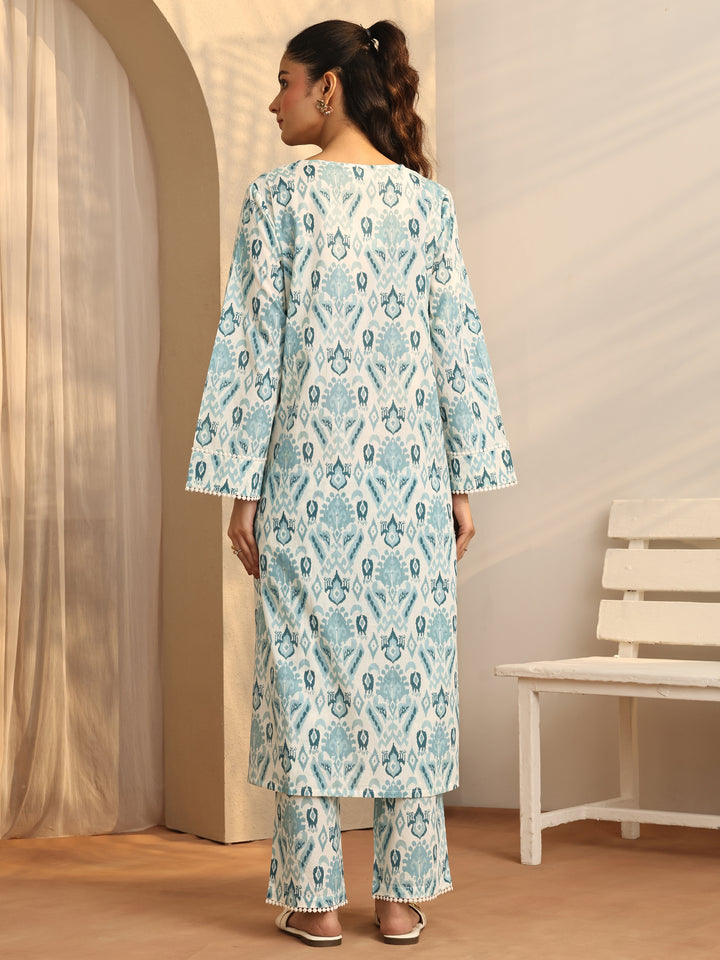 Blue Printed Cotton A-Line Kurta Set